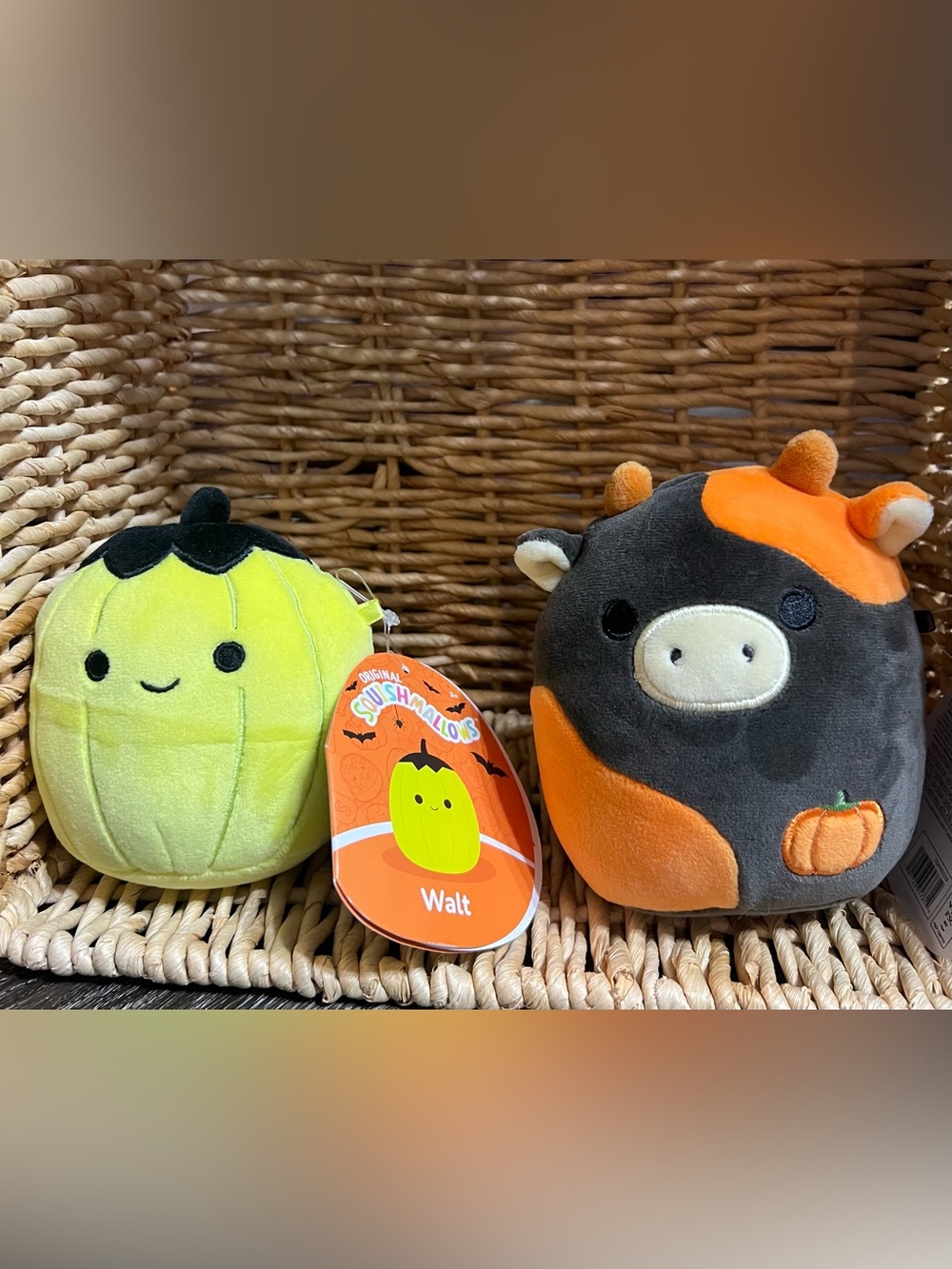 Squishmallows Walt Pumpkin & Jefferson Cow Plush Set - Green and Black/Orange
